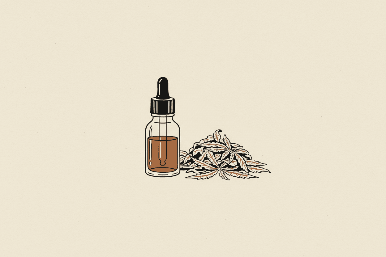 Illustration of a small glass dropper bottle next to a pile of dried hemp leaves