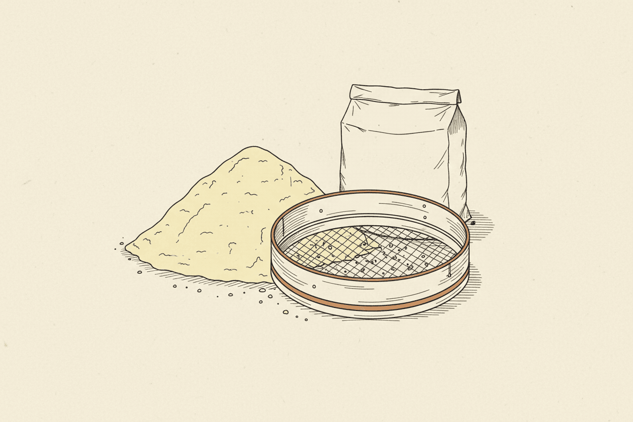 Illustration of a pile of pale yellow plantain flour next to a sieve