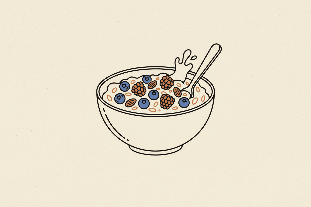 Illustration of a bowl of whole grain oats with fresh berries and nuts