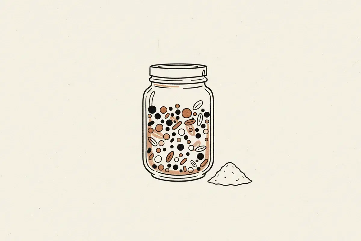 Illustration of a clear glass jar filled with colorful sprinkles next to a small pile of white powder