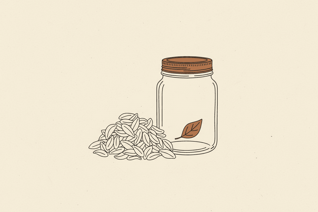 Illustration of a pile of white stevia leaves next to a clear glass jar