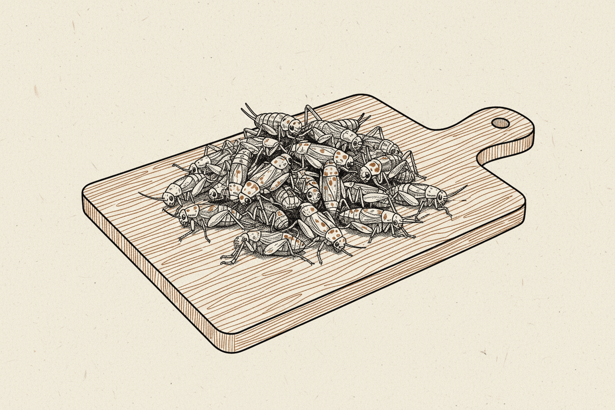 Illustration of a pile of dried crickets on a wooden cutting board