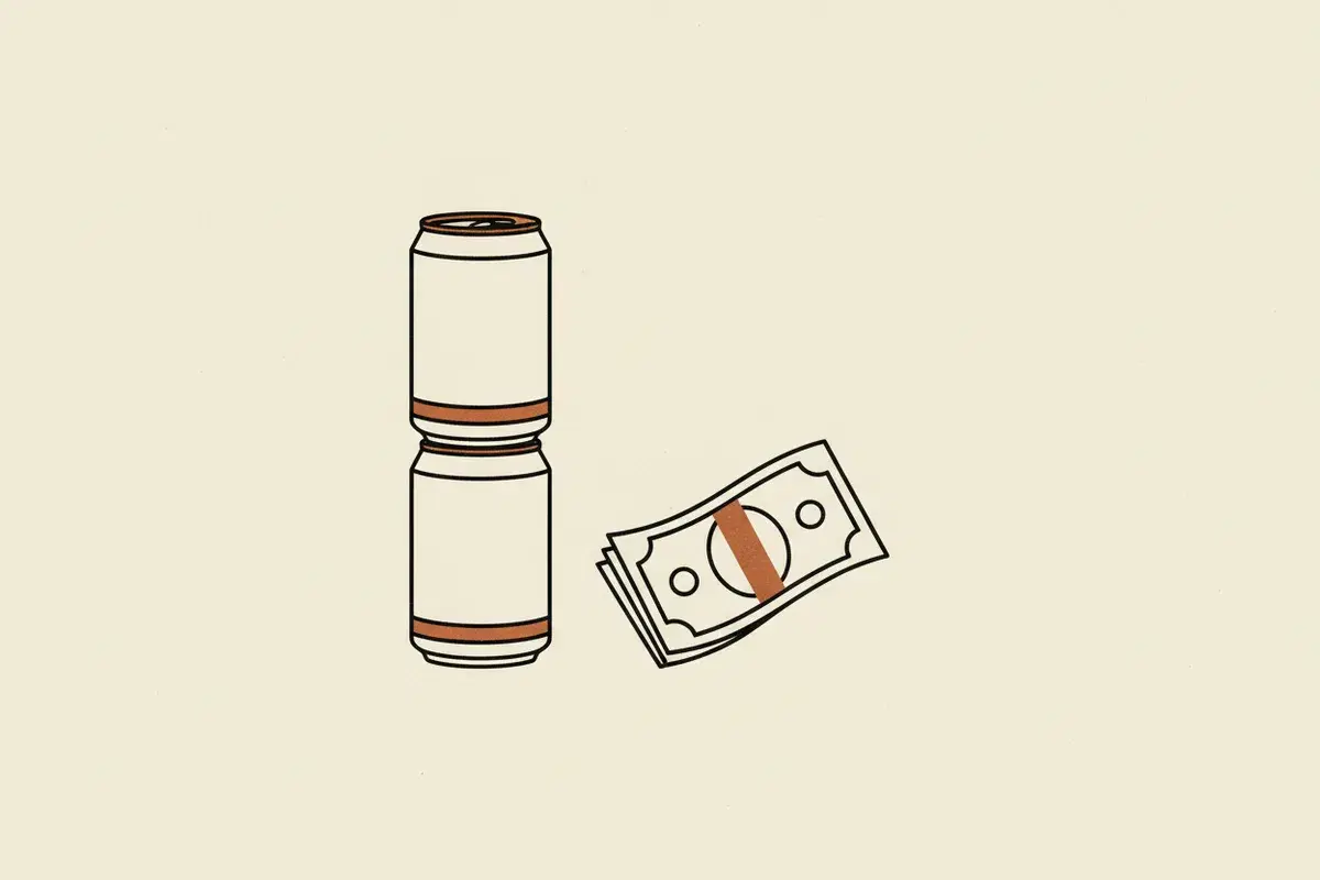 Illustration of a stack of slim energy drink cans next to a US map
