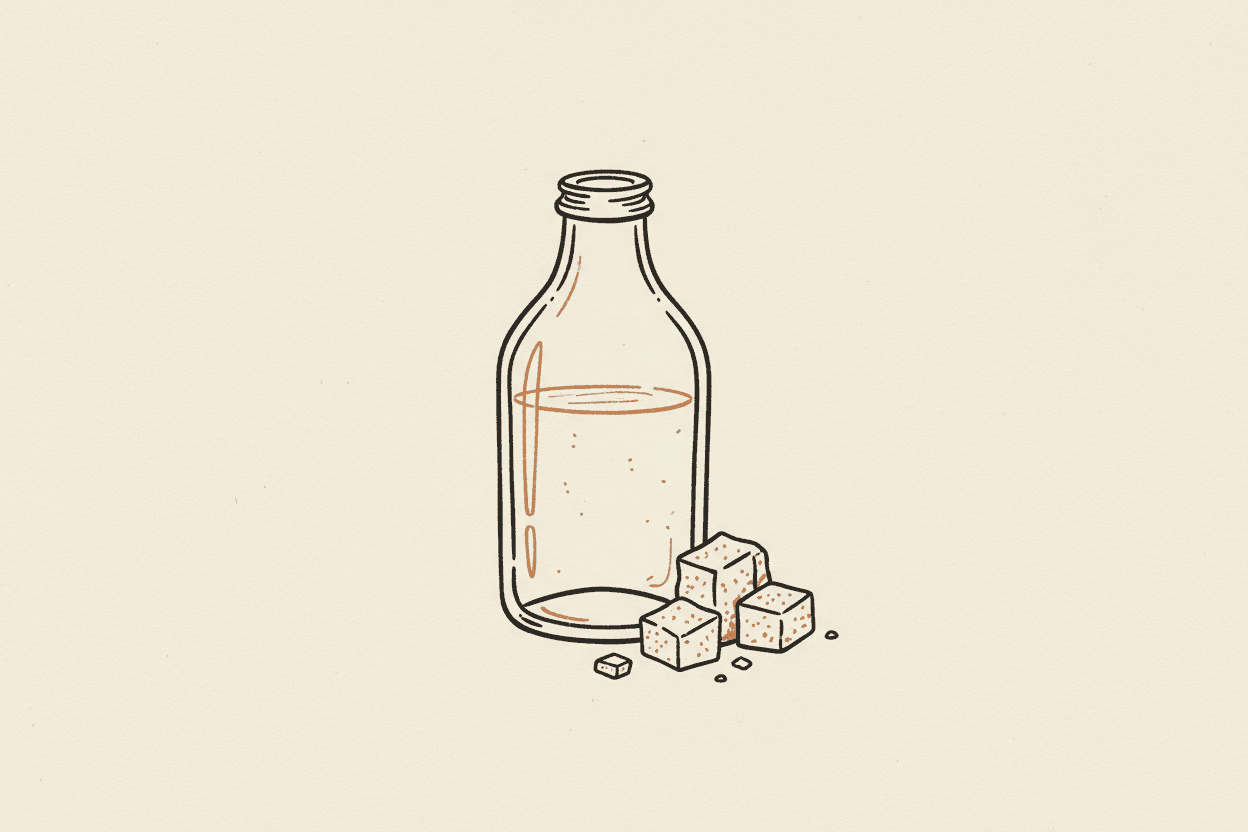 Illustration of a clear glass bottle filled with a pale liquid beside a small pile of sugar crystals