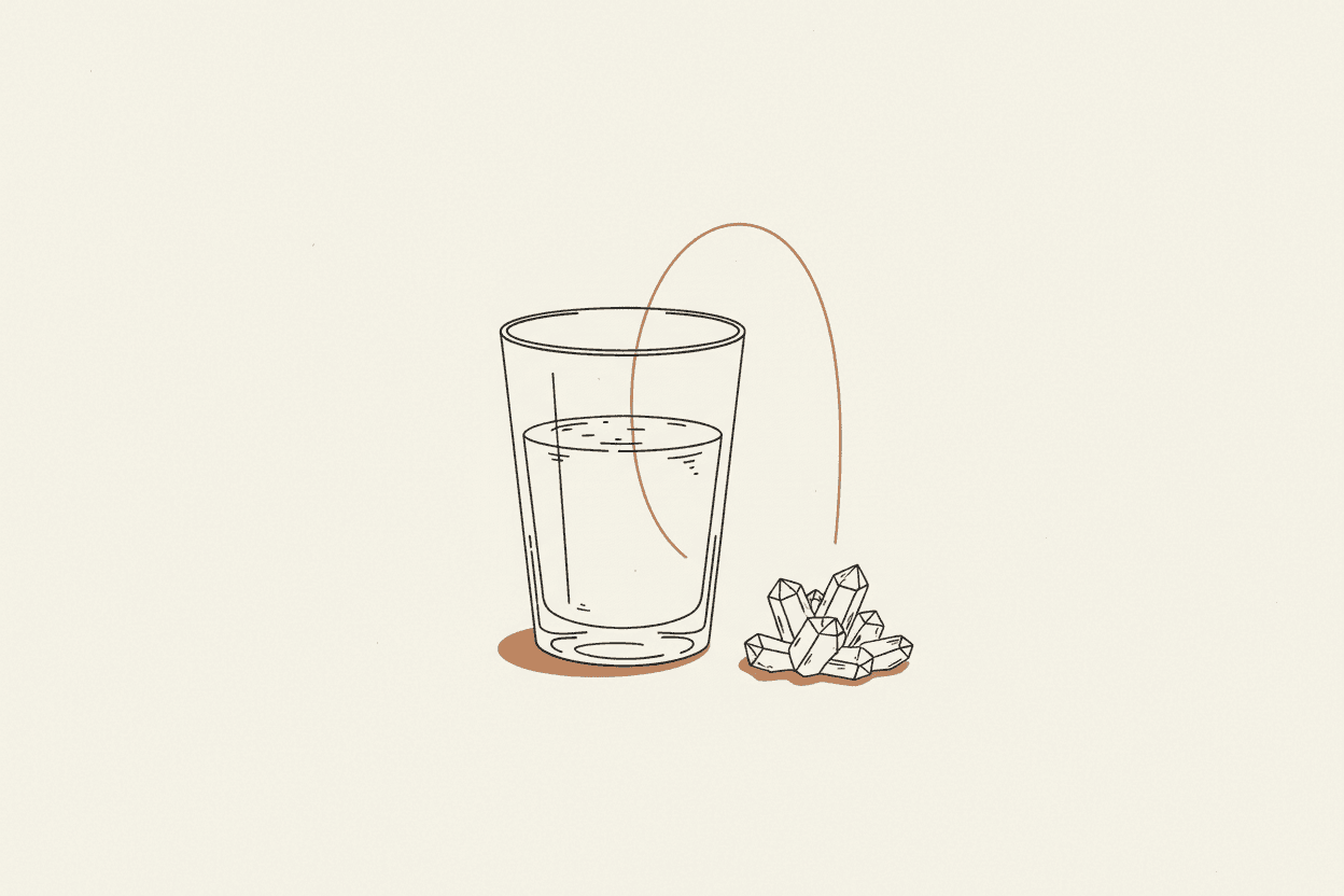 Illustration of a clear glass with a pale liquid and a small pile of white crystals