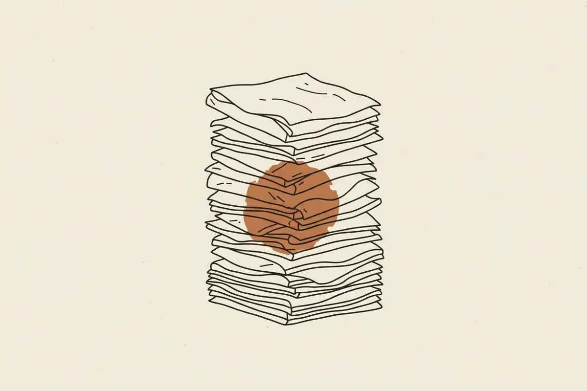 Illustration of a stack of paper food wrappers with a single grease stain