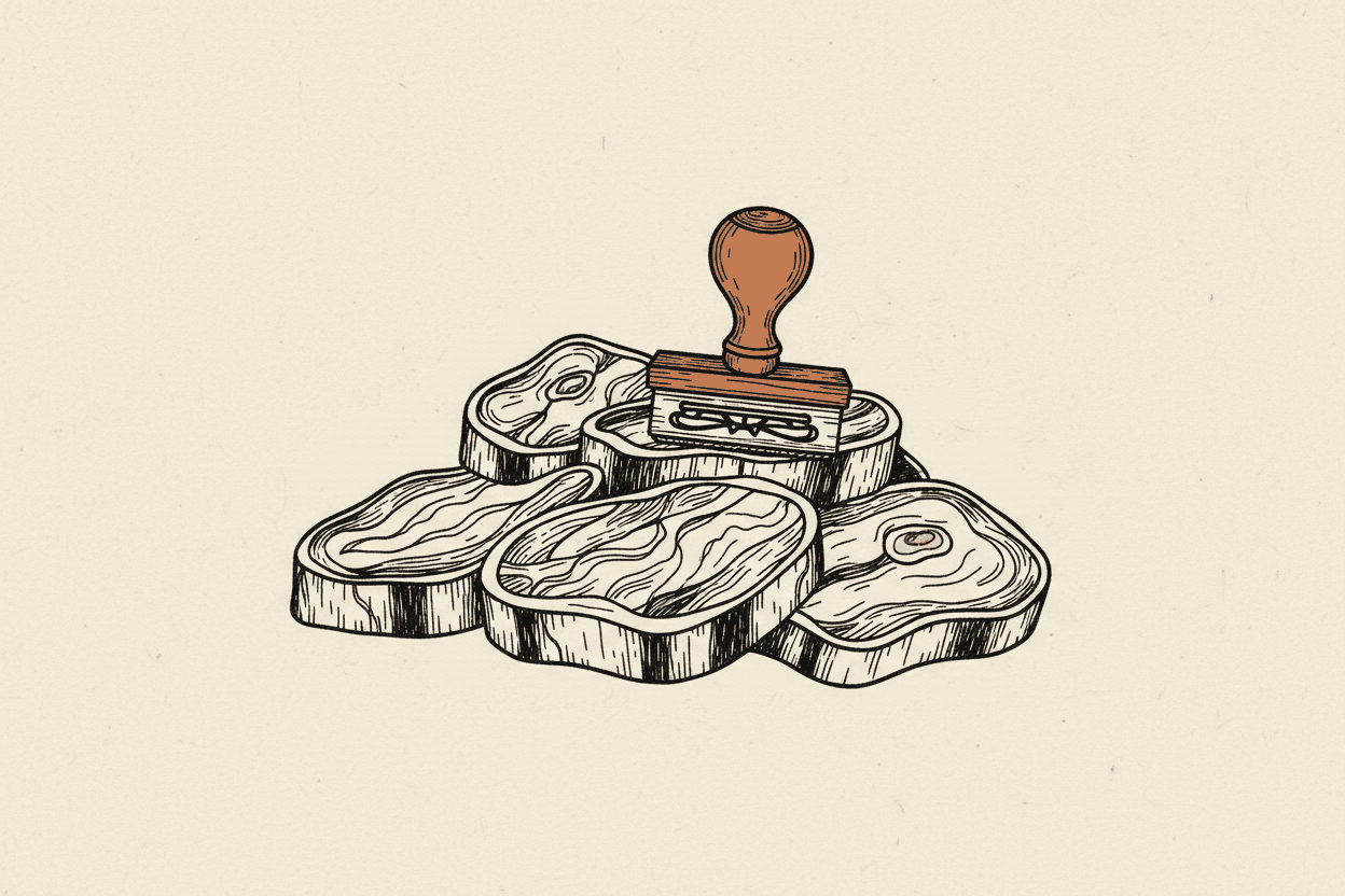 Illustration of a pile of raw meat with a rubber stamp