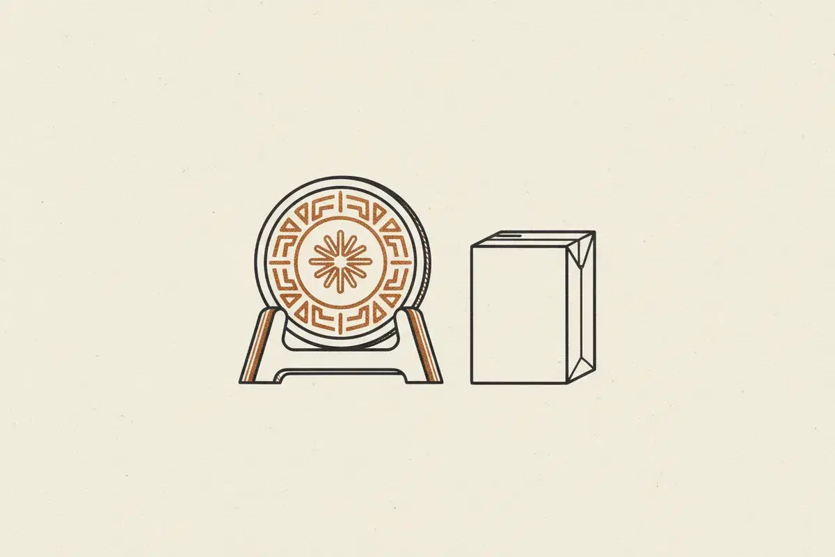 Illustration of an official seal on a wooden stand beside a grocery item