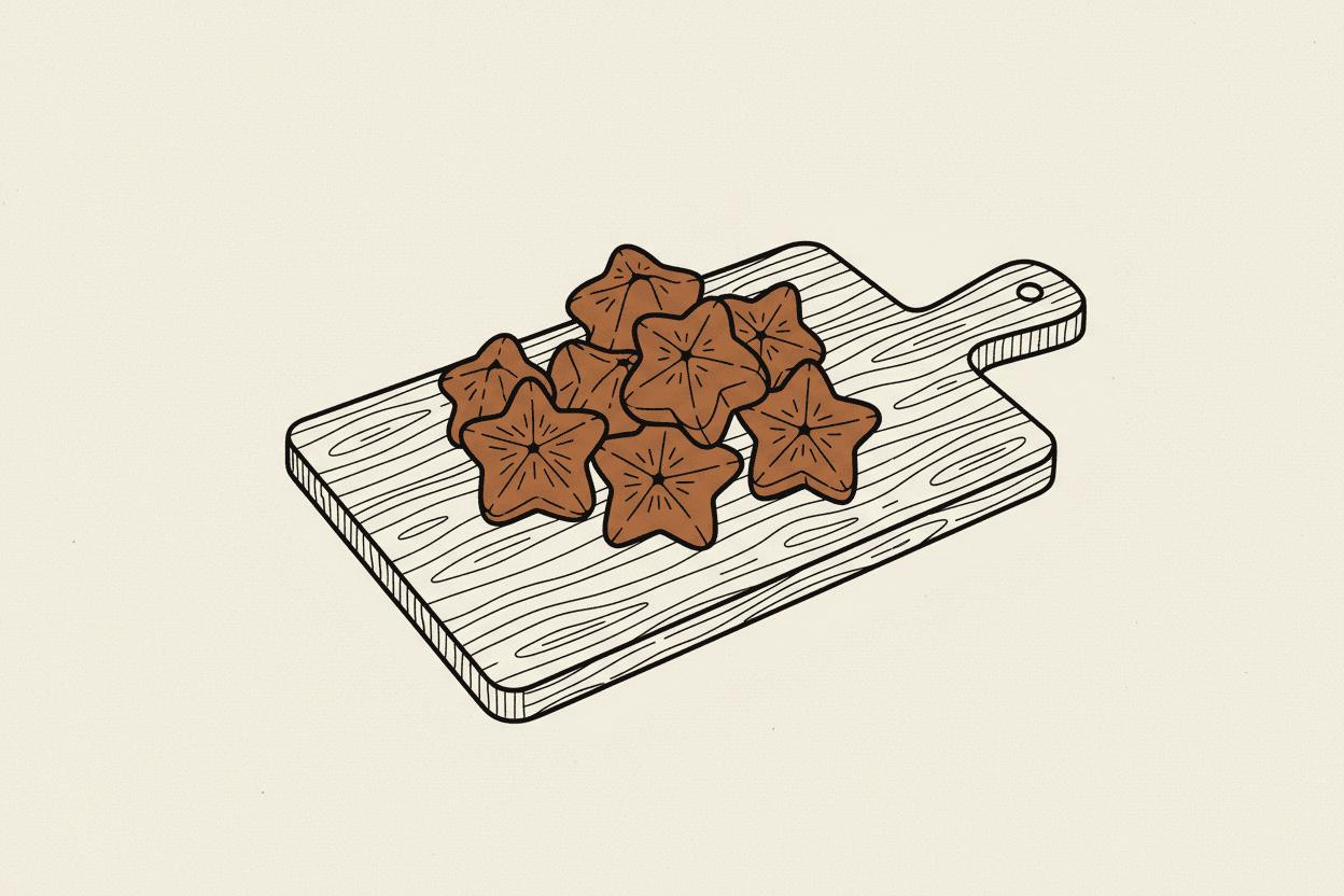 Illustration of a cluster of bright orange, star-shaped fruits on a wooden cutting board