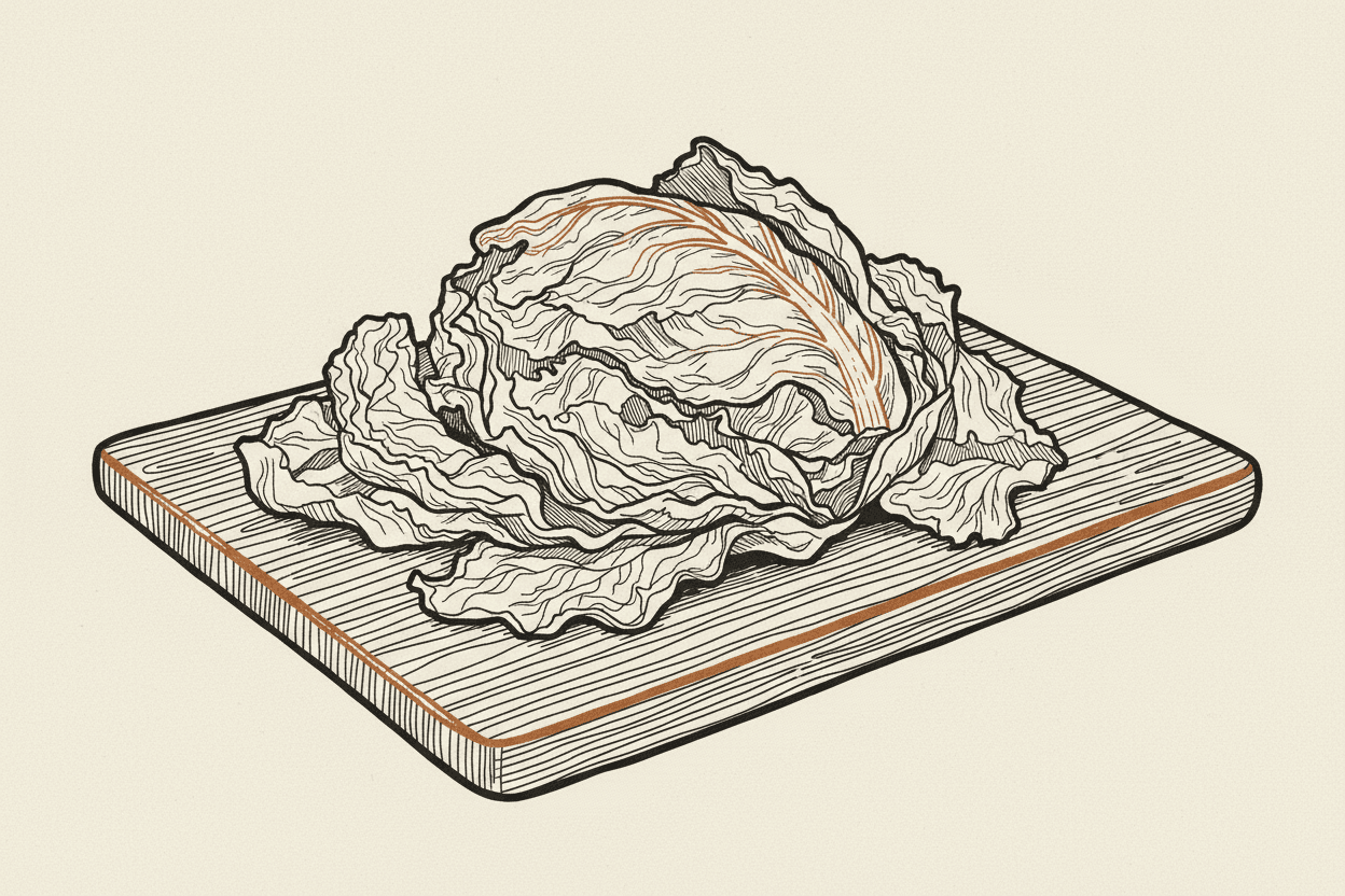 Illustration of a pile of iceberg lettuce leaves on a wooden cutting board
