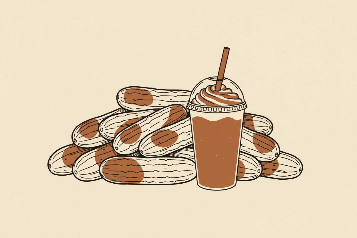 Illustration of a pile of cucumbers and a frozen milkshake