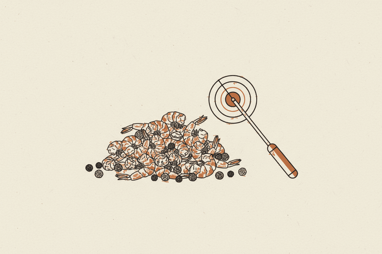 Illustration of a pile of dried shrimp and peppercorns next to a metal detector