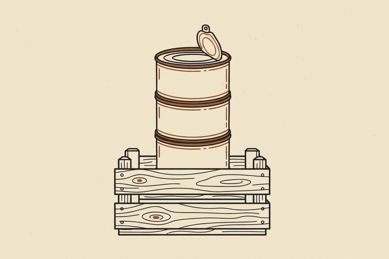 Illustration of a stack of empty food tins on a wooden crate