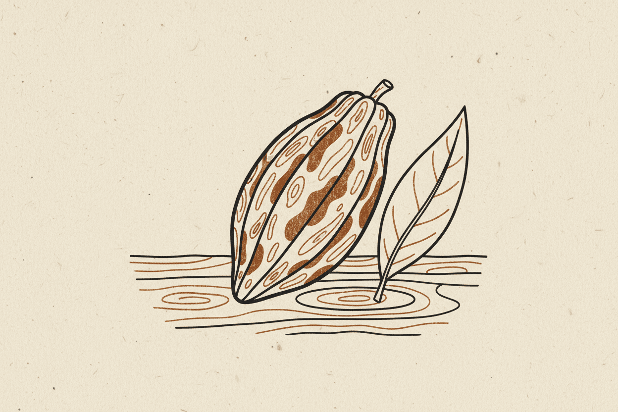 Illustration of a cacao pod and a tea leaf on a wooden surface