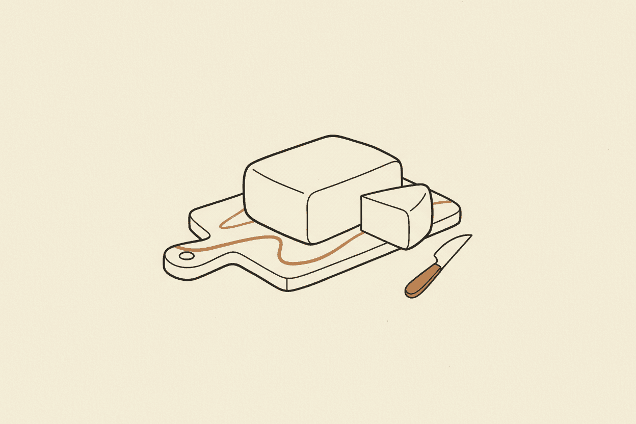 Illustration of a block of white cheese on a wooden cutting board