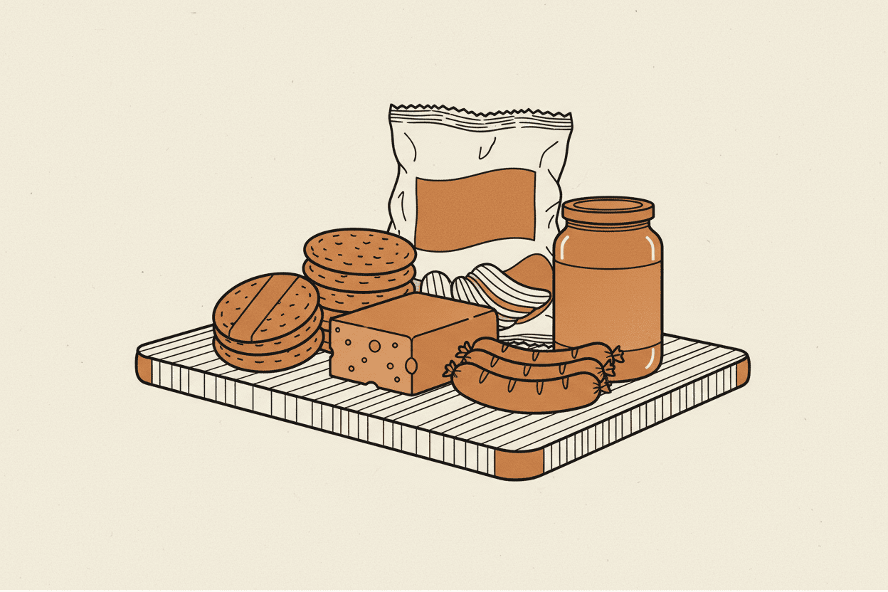Illustration of a pile of assorted processed food items on a wooden cutting board