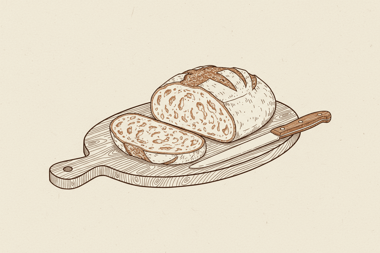 Illustration of a sliced loaf of bread on a wooden cutting board