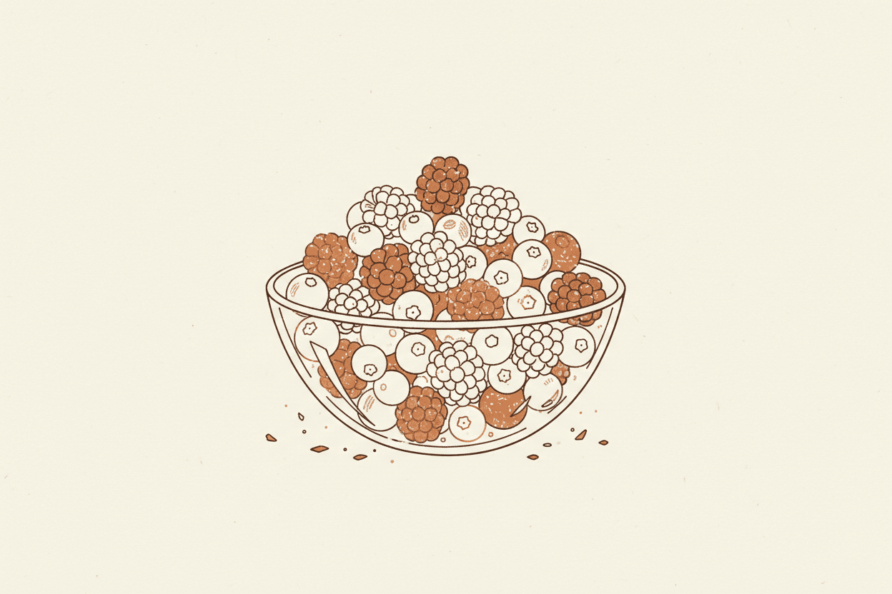 Illustration of a pile of mixed frozen berries in a clear glass bowl