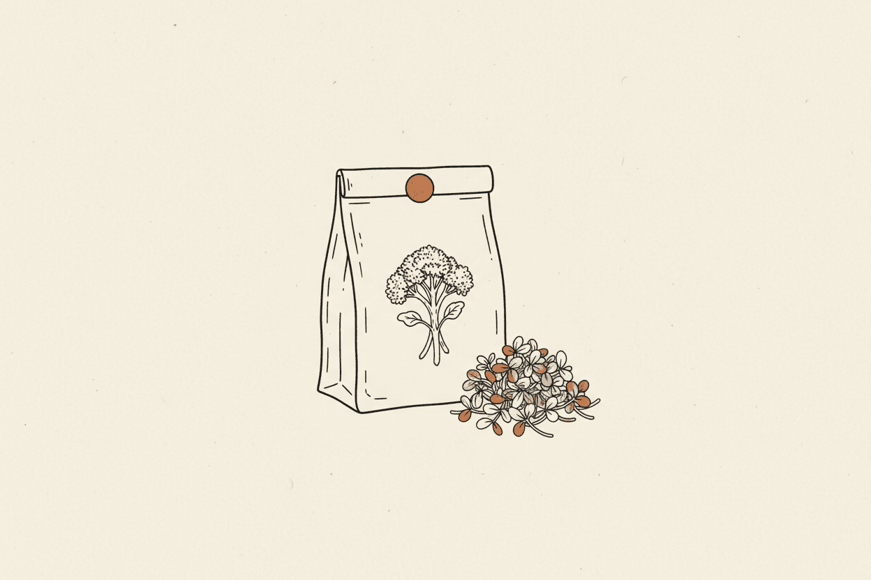 Illustration of a bag of broccoli sprouting seeds beside a small pile of green broccoli sprouts