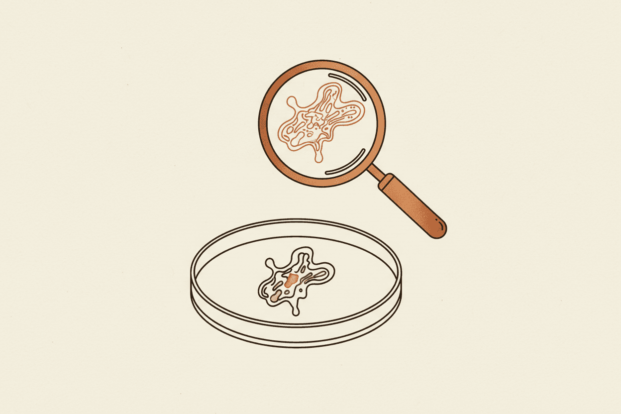 Illustration of a petri dish with a small sample and a magnifying glass