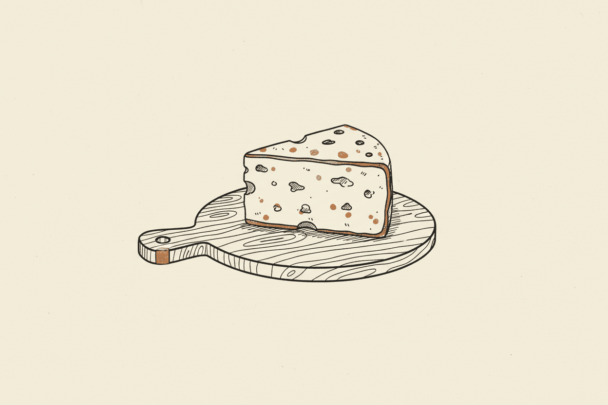 Illustration of a wedge of cheese on a wooden cutting board