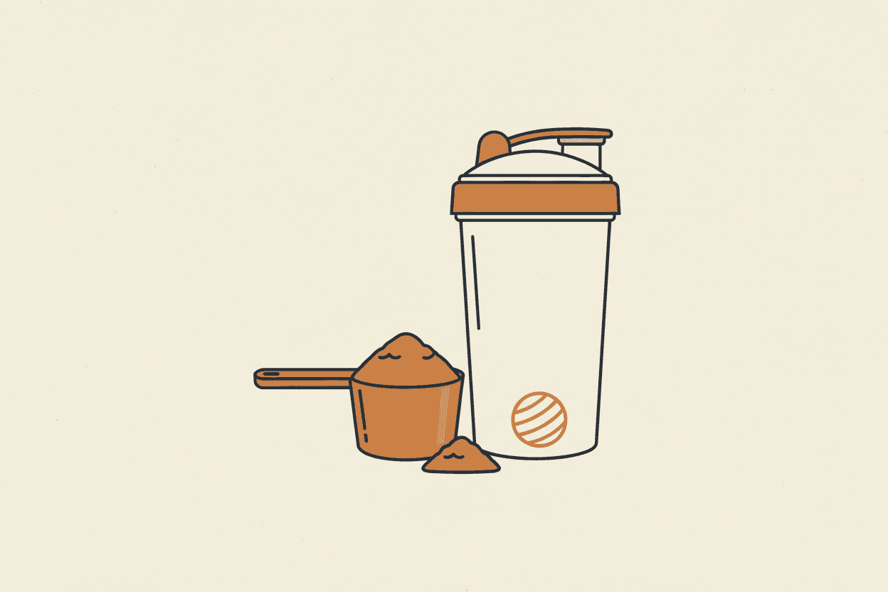 Illustration of a scoop of powdered supplement next to a shaker bottle