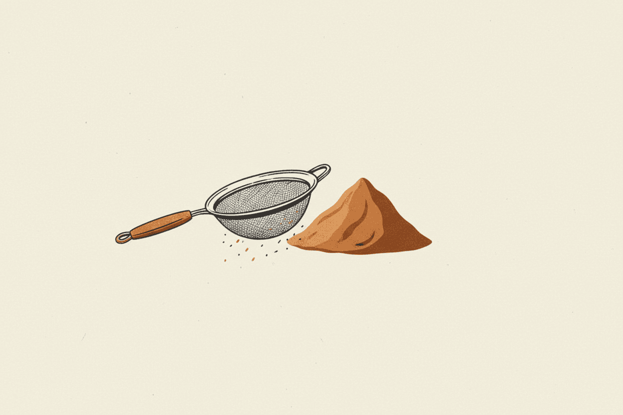 Illustration of a pile of ground cinnamon next to a metal sieve