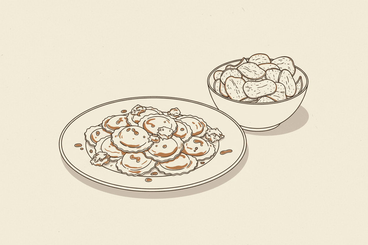 Illustration of a plate of cheese ravioli with lobster pieces and a bowl of potato chips
