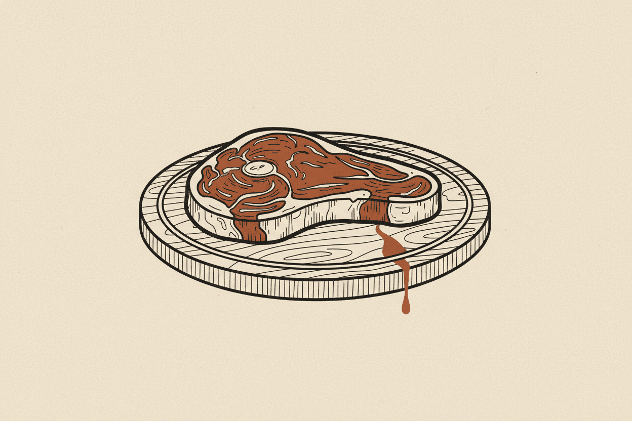 Illustration of a raw beef steak on a wooden cutting board