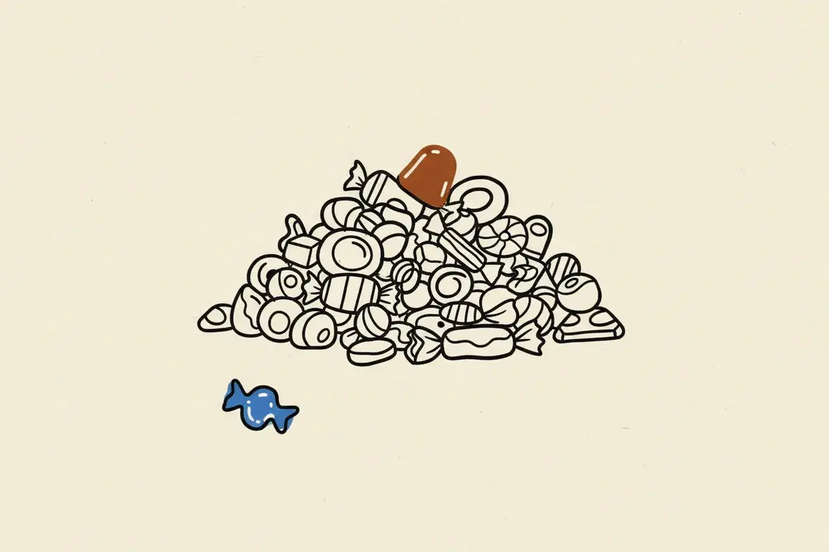 Illustration of a pile of colorful candy pieces and a blue candy piece