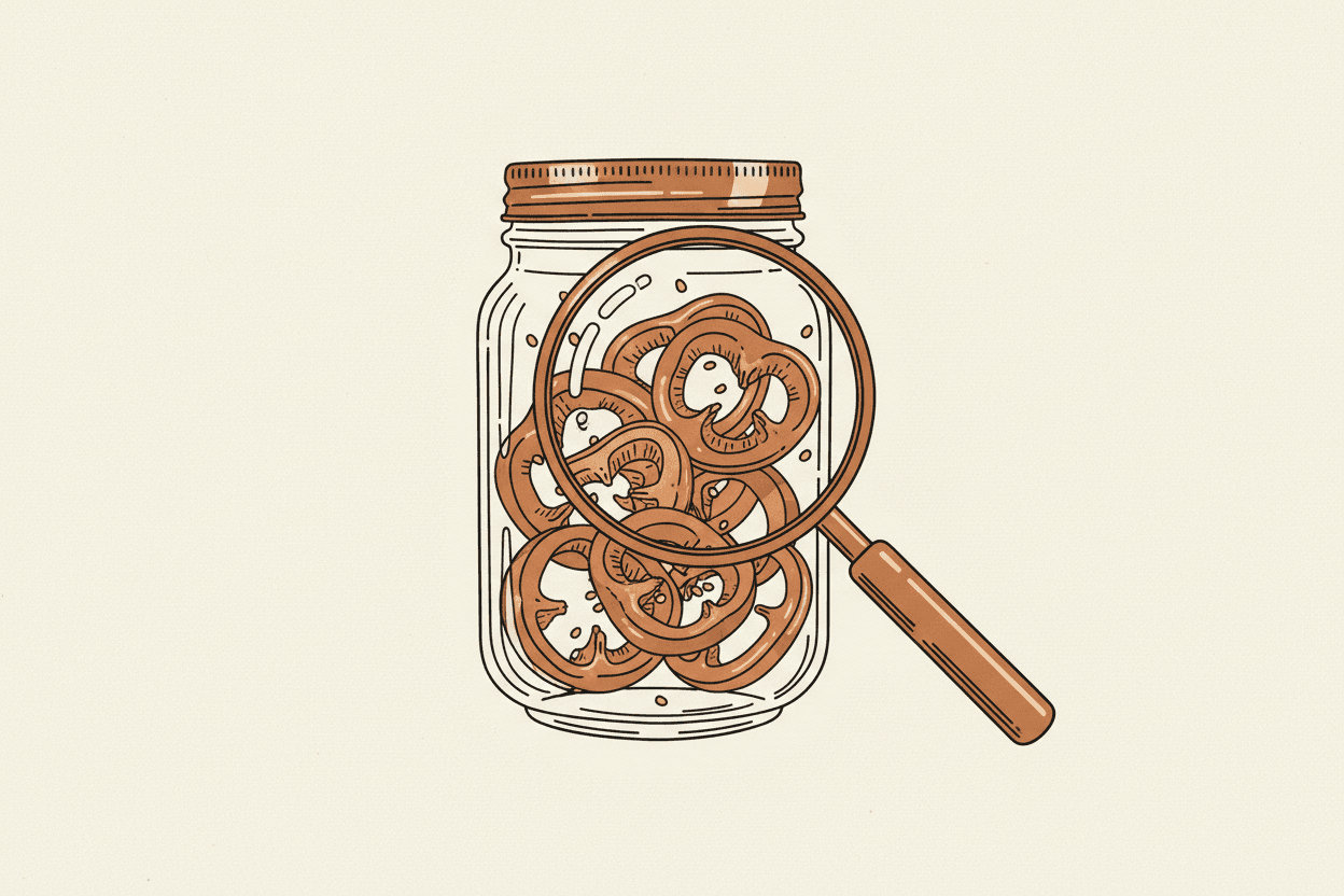 Illustration of a glass jar of pickled peppers with a magnifying glass