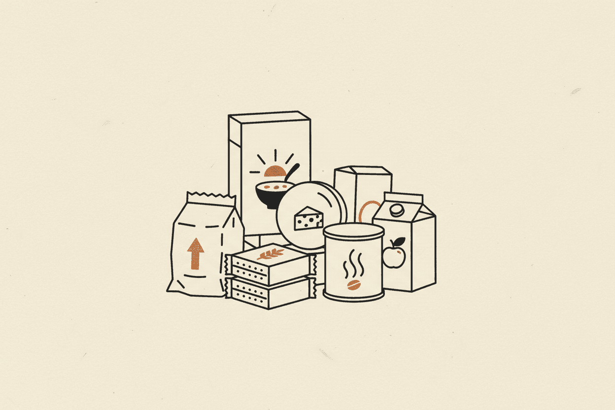Illustration of a pile of assorted packaged foods with some items showing simple graphic symbols