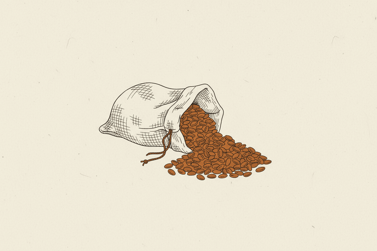 Illustration of a pile of small seeds spilling from a burlap sack