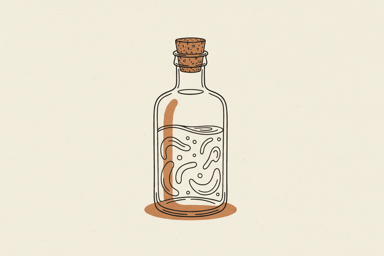Illustration of a glass bottle with a clear liquid and a cork stopper