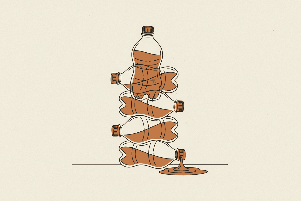 Illustration of a stack of plastic beverage bottles with yellow liquid