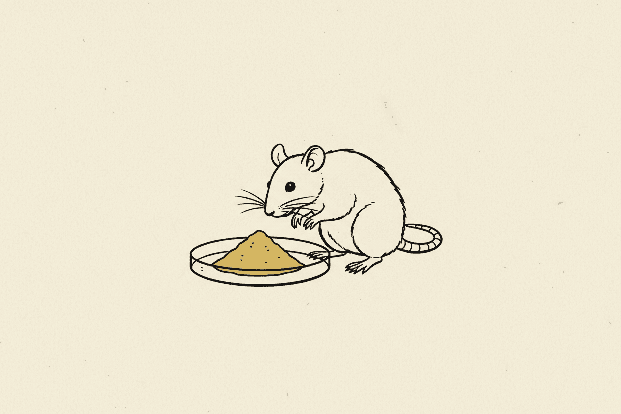 Illustration of a laboratory rat near a petri dish with a yellow powder