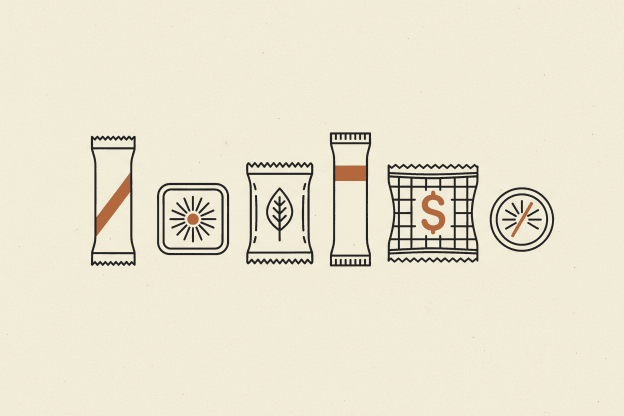 Illustration of six different sweetener packets arranged in a row