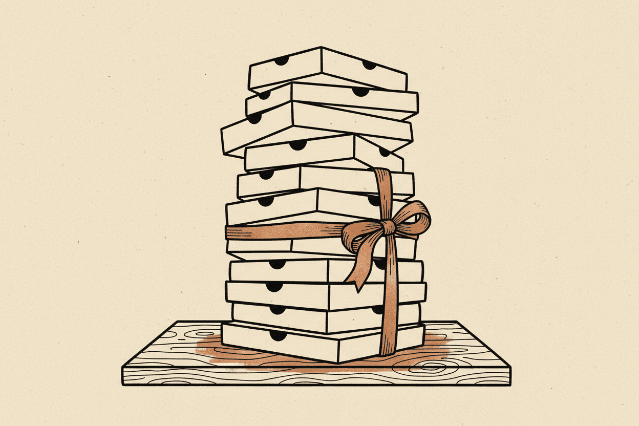 Illustration of frozen pizza boxes stacked on a wooden table