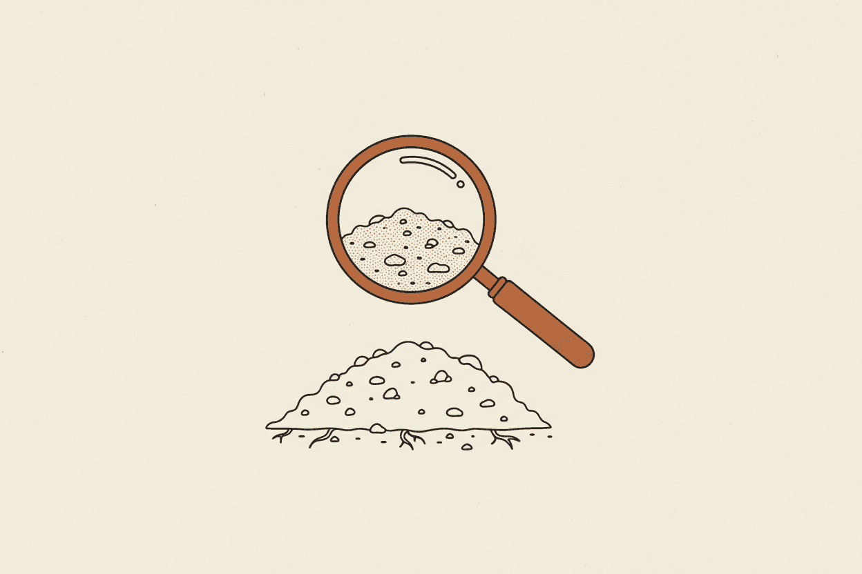 Illustration of a magnifying glass hovering over a pile of soil