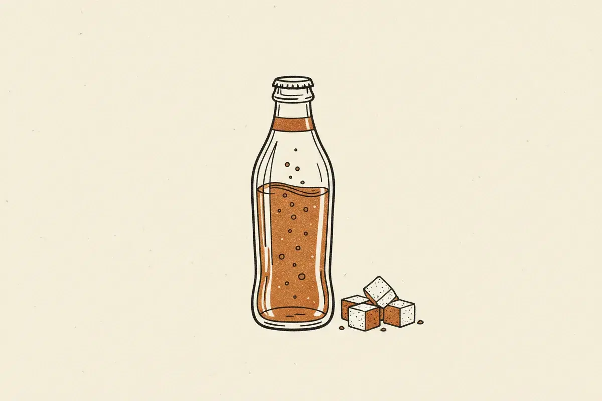 Illustration of a clear glass bottle filled with a bubbly amber liquid next to a pile of sugar cubes