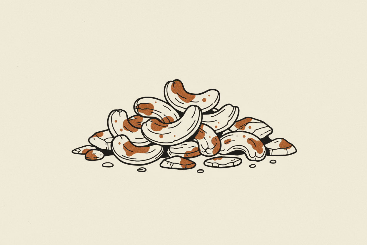 Illustration of a pile of cashew pieces with small stones mixed in