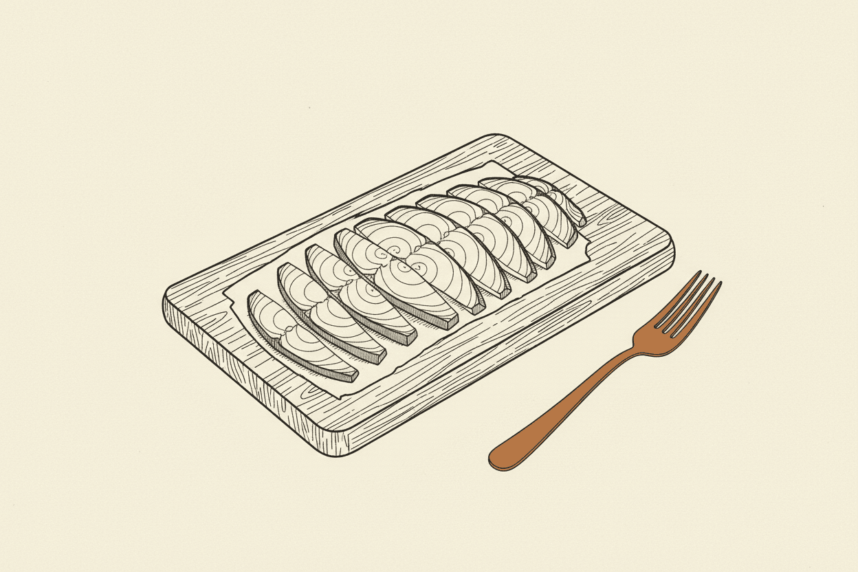 Illustration of thin fanned slices of smoked fish on a wooden board beside a fork