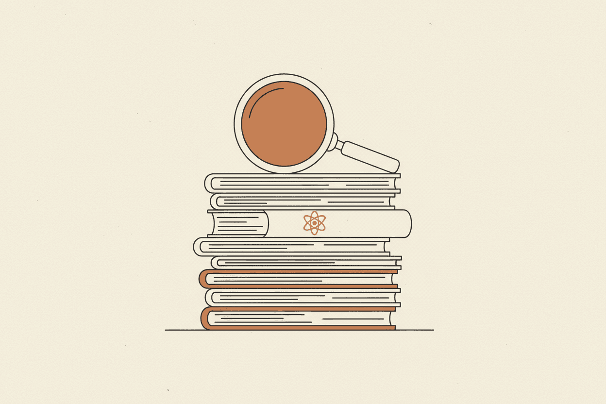 Illustration of a stack of scientific journals with a magnifying glass