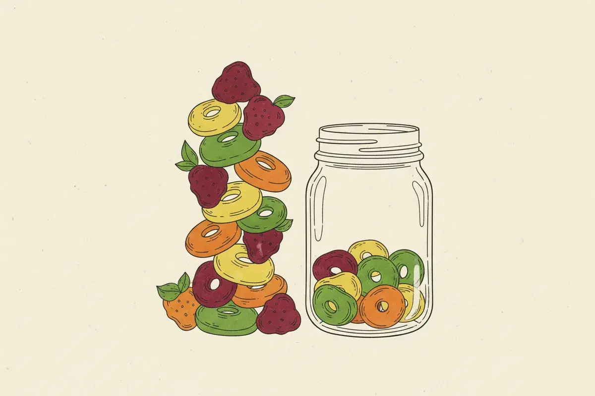 Illustration of a stack of colorful fruit snacks and a clear glass jar