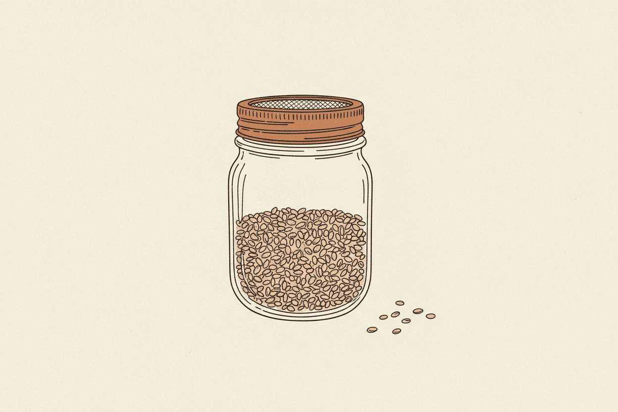 Illustration of a mesh-lidded glass sprouting jar with dry alfalfa seeds scattered beside it