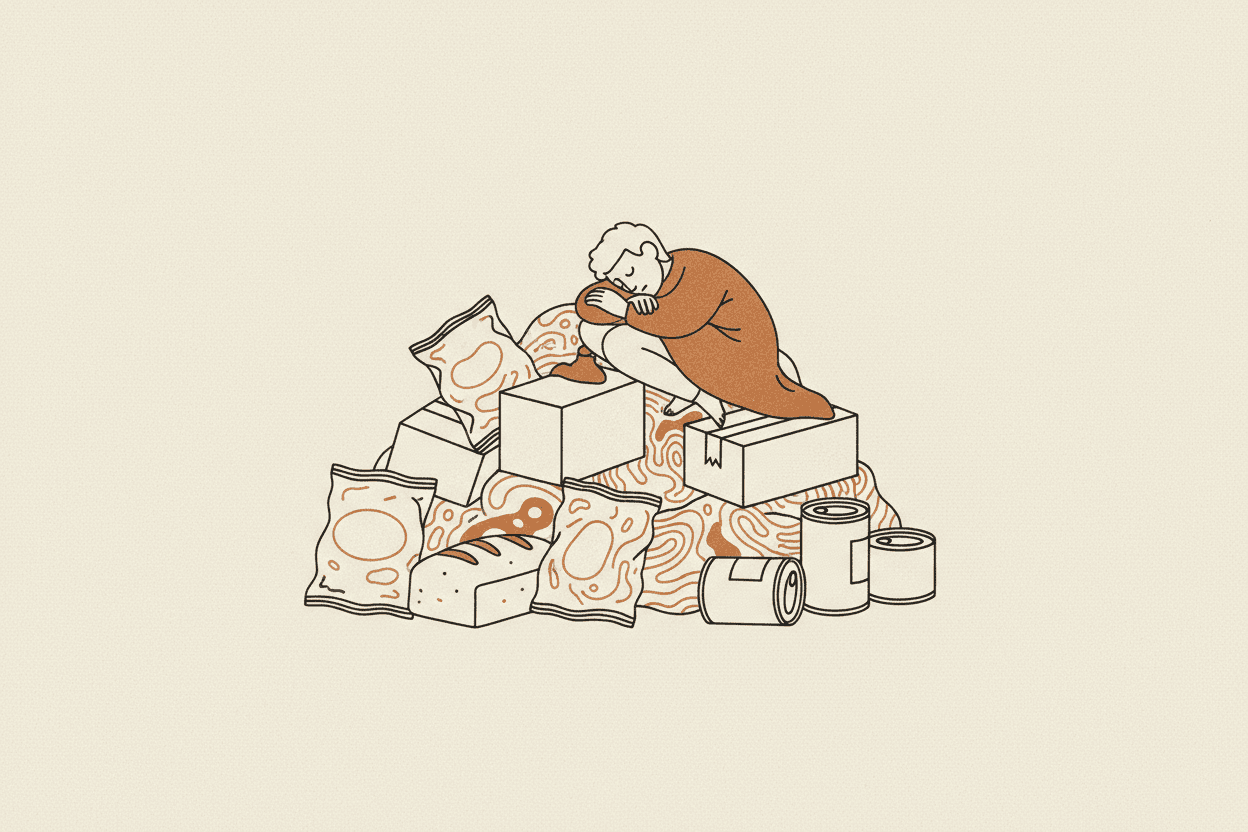 Illustration of a pile of processed food items and a sleeping person