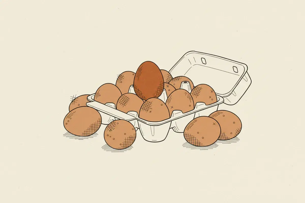 Illustration of a pile of brown eggs and a white egg carton