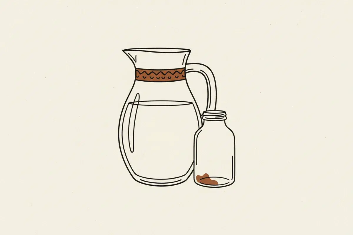Illustration of a glass pitcher filled with a creamy white liquid next to a small glass bottle