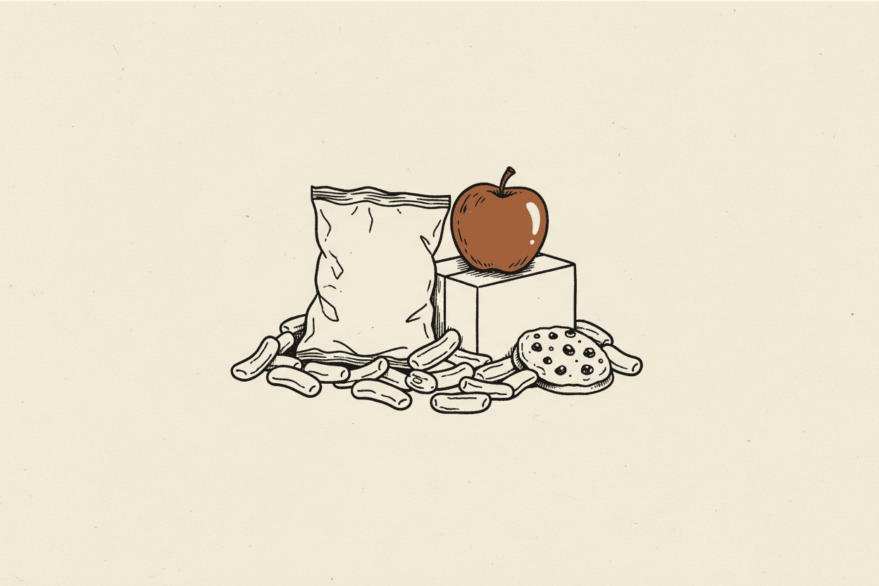 Illustration of a pile of processed snacks and a single apple