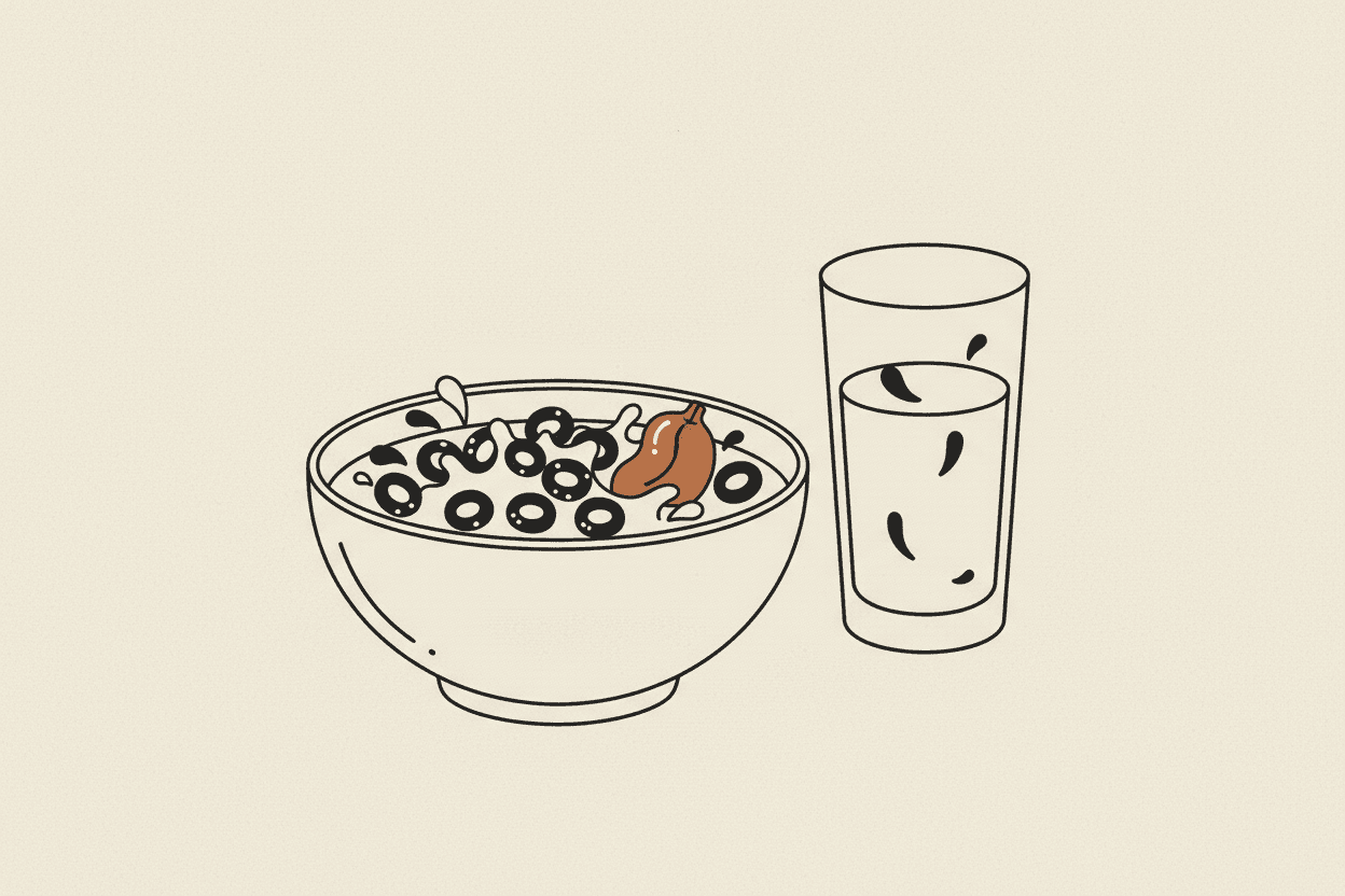 Illustration of a bowl of cereal with a glass of milk